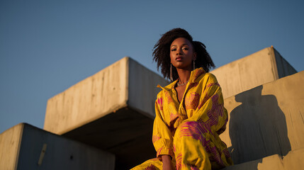 A top-tier content-ready image vibrant yellow maxi gown on charming afro beauty at a lively fashion photoshoot.