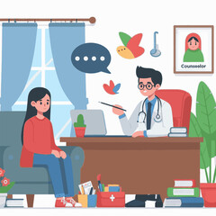 Counselor at desk talks to patient Office has plants books and an illustration on the wall