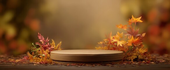 The wooden platform surrounded by vibrant autumn foliage in a serene setting.