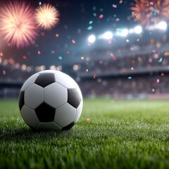 Fototapeta premium Soccer ball on vibrant grass field with stadium lights and festive fireworks overhead celebrating a triumphant sports event