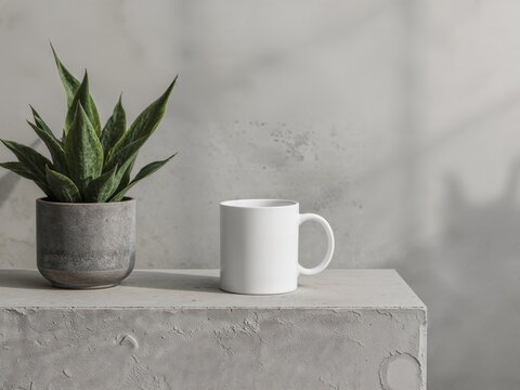 White Ceramic Mug Mockup on Concrete with Snake Plant in Urban Minimalist Setting.Perfect for urban cafe branding, e-commerce product listings, minimalist lifestyle blogs, and home decor marketing.