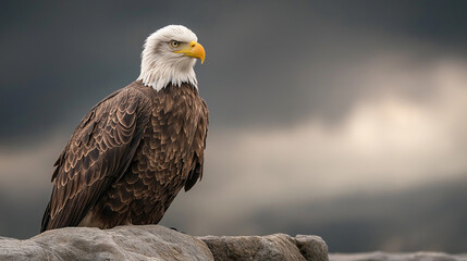 A clean and professional visual presentation majestic bald eagle: proudly perched, showing off impressive wingspan and formidable beak.