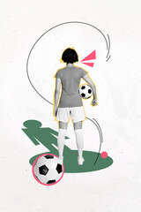 Composite sketch design artwork 3D photo collage of sportswoman stand hold football ball dynamic...