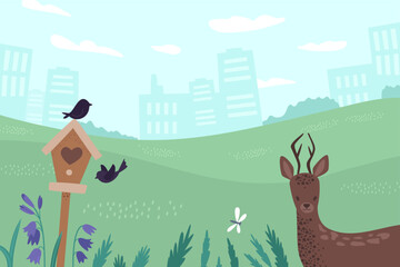 Eco-friendly urban park with wildlife and deer &ndash; vector illustration in children's book style