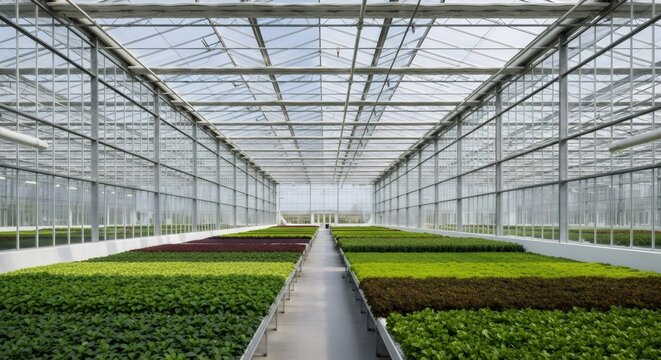 Modern commercial greenhouse with neatly arranged rows of green plants. Sustainable hydroponic agriculture technology.