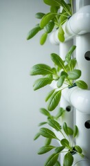 Green leafy plants growing in a vertical hydroponic garden system against a light gray background. Indoor farming for sustainable living.