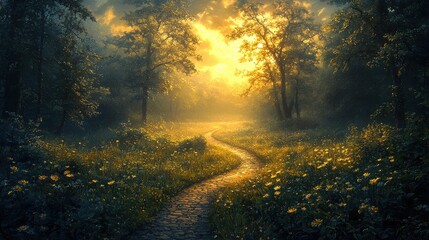 Obraz premium Serene Pathway Through Lush Forest at Golden Hour with Soft Light