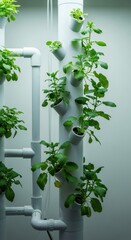 Green plants grow in a soilless vertical hydroponic system. Organic indoor cultivation for sustainable urban farming.