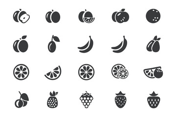 Sleek Black Fruit Icons Vector Set for Nutrition Plans and Kitchen Design Projects