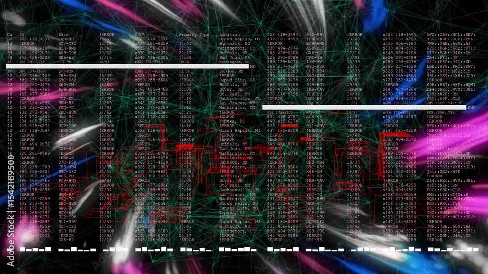 Poster on start green web glowing with colored shards and bars drifting code columns populating to monitor