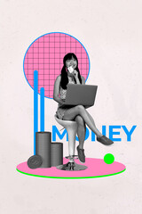 Art image vertical photo collage of happy businesswoman sit stool hold laptop credit card cashless...