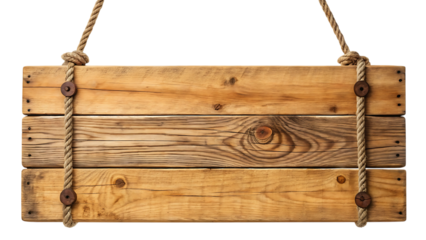 Rustic wooden sign hanging on rope isolated on transparent background