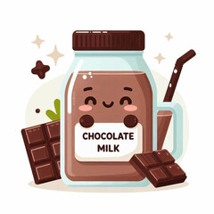 Cute cartoon chocolate milk jar with a smiling face surrounded by chocolate pieces and a straw
