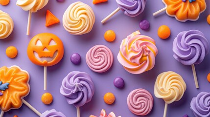 Playful Halloween flat lay with pastel lollipops, swirled candies, spooky shapes, and festive sweets styled on a purple background for holiday celebration themes.