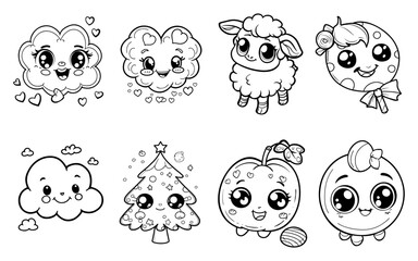 Cute cartoon drawings show clouds sheep tree and fruit with big eyes and smiles