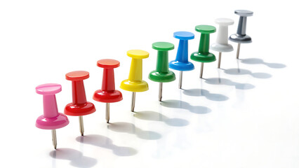 Row of colorful thumbtacks push pins isolated on transparent background