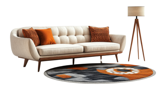 Elegant Grey Sofa with Colorful Throw Pillows And Floor Isolated on a white transparent background