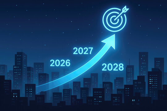 Growth Trend Indicating Targets for 2026 to 2028 Over a City Skyline at Night