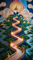 Fototapeta premium Illuminated path to serene mountaintop temple