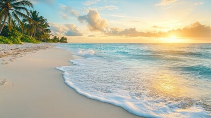 Obraz premium Serene Tropical Beach at Sunset with Gentle Waves and Warm Colors