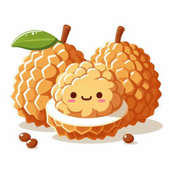 Cute cartoon lychee with a happy face alongside two whole lychees and small brown seeds on a white background