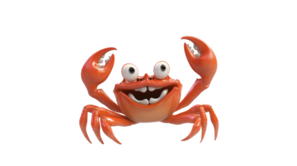 3D render of a smiling cartoon red crab raising claws isolated on white background