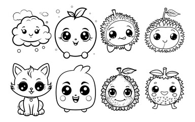Cute drawings cloud apple durians kitty  unidentified fruit characters