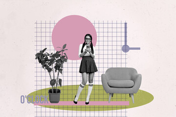Composite zine pop trend collage of happy businesswoman businessman stand clock arrow expire...