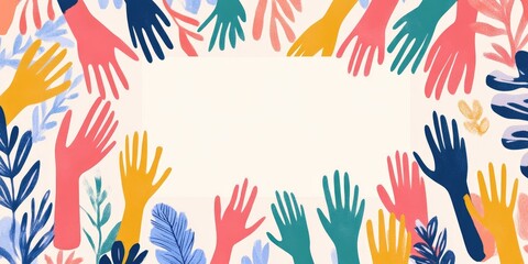 Colorful hands reaching up, framed by stylized leaves and plants