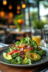 Close-Up of Gourmet Green Salad with Restaurant Scene in Background