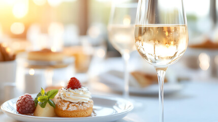 A beautifully arranged dessert with berries and a glass of white wine, perfect for any elegant dining experience.