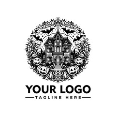 Halloween themed design featuring a haunted house, pumpkins, bats, and a spiderweb in a circular frame.