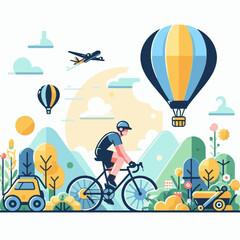 Cyclist rides bike past hot air balloons plane hills vegetation  car