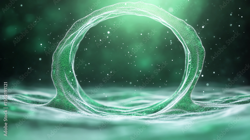 Poster a captivating circular splash effect in green water, showcasing fluid dynamics and tranquility in na