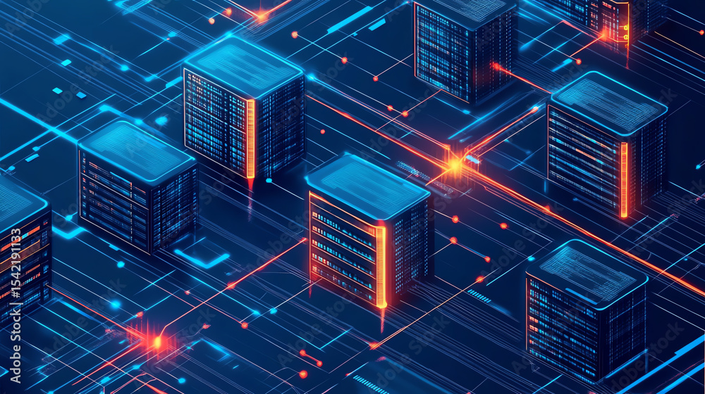 Aufkleber A captivating digital illustration showcasing interconnected servers with vibrant lines, representing data flow and communication.