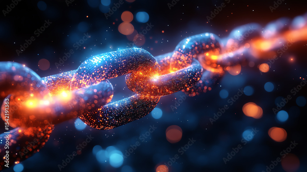 Poster a close-up view of a futuristic chain, glowing with vibrant colors against a dark background, symbol