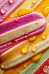 A close-up of colorful ice cream melting on the glass, with water droplets and light colors creating an abstract background