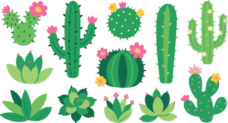 Whimsical Cactus and Succulent Collection A Delightful Desert Garden Illustration with Blooming Flowers and Varied Greenery