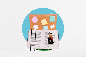 Trend artwork sketch montage 3D collage of open book page young lady smile ladder board sticker...