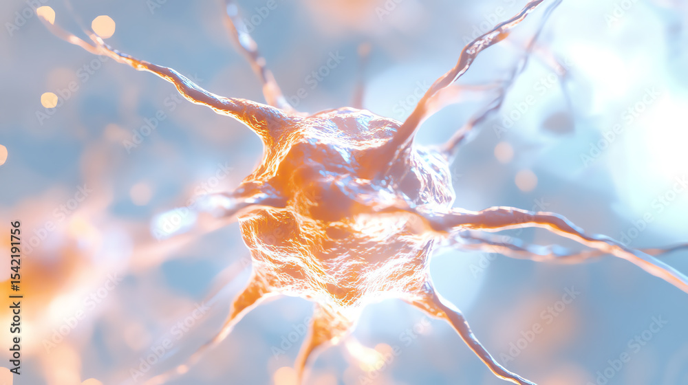 Poster a detailed close-up of a neuron cell, showcasing its intricate structure and vibrant colors, symboli