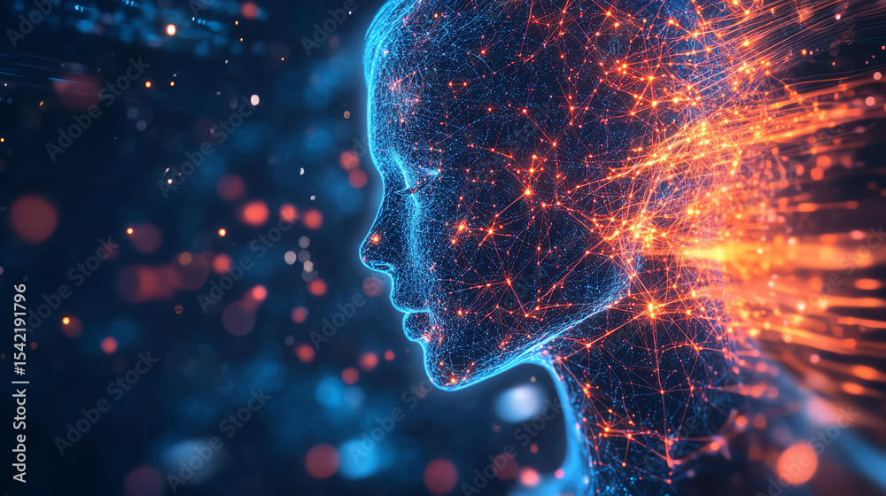 Poster a digital representation of a human face emerging from vibrant, glowing particles, symbolizing innov