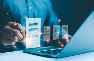 Businessmen review contract documents, manage documents and agreements, sign contracts and business...