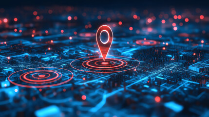 A digital map with glowing location markers, highlighting connectivity and navigation in modern urban landscapes.