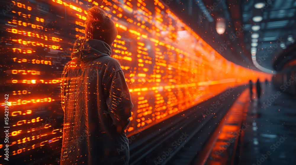 Poster A figure stands in front of a vibrant digital display, immersed in a world of data and light, exploring the future of technology.