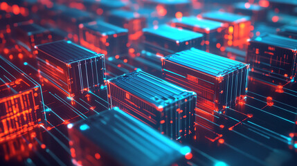 A futuristic close-up of glowing data containers, representing advanced tech storage and digital innovation in modern systems.