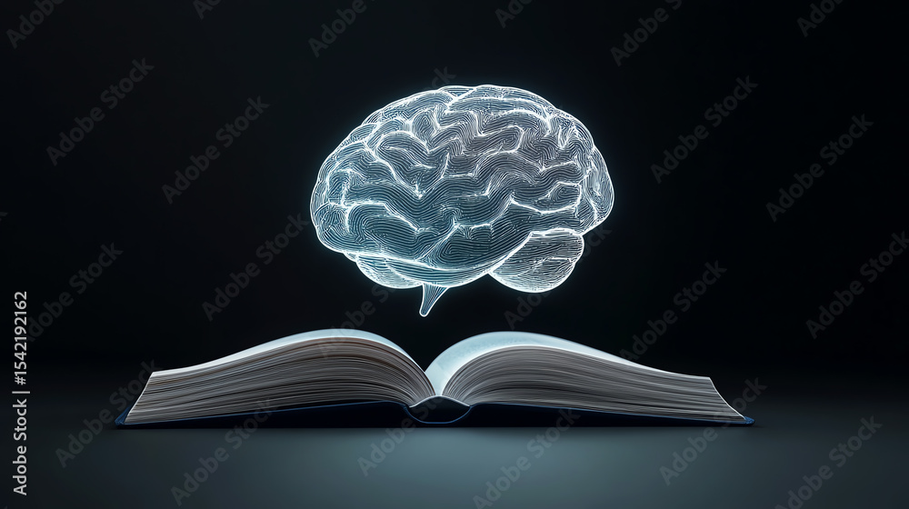 Poster A glowing brain hovering above an open book, symbolizing knowledge, creativity, and intellectual growth in a dark environment.