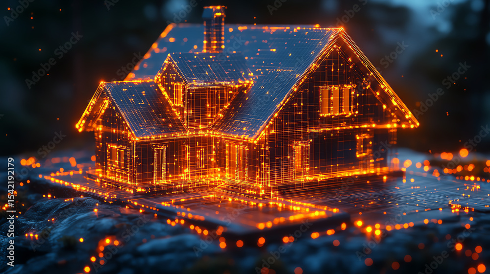 Poster a glowing house structure illuminated by vibrant lights, showcasing modern design blended with encha