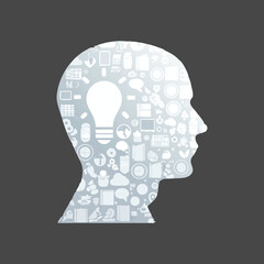 Innovative Vector Silhouette of Human Head with Creative Icons for Technology Concepts, Mind Mapping Designs, and Educational Graphics