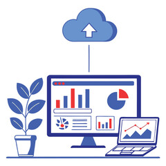 Digital cloud computing and data analysis with charts and graphs on computer screens