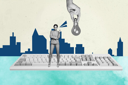 Banner image collage of person stand hold light bulb front retro key board on pastel background with drawing city